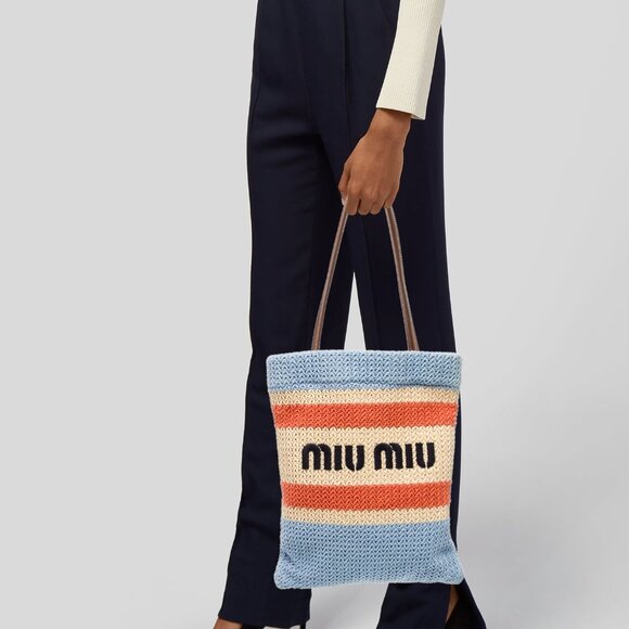 MIU MIU LIght Blue Beige Orange Raffia-Effect Embroidery Vertical Woven Tote Bag - Picture 2 of 9